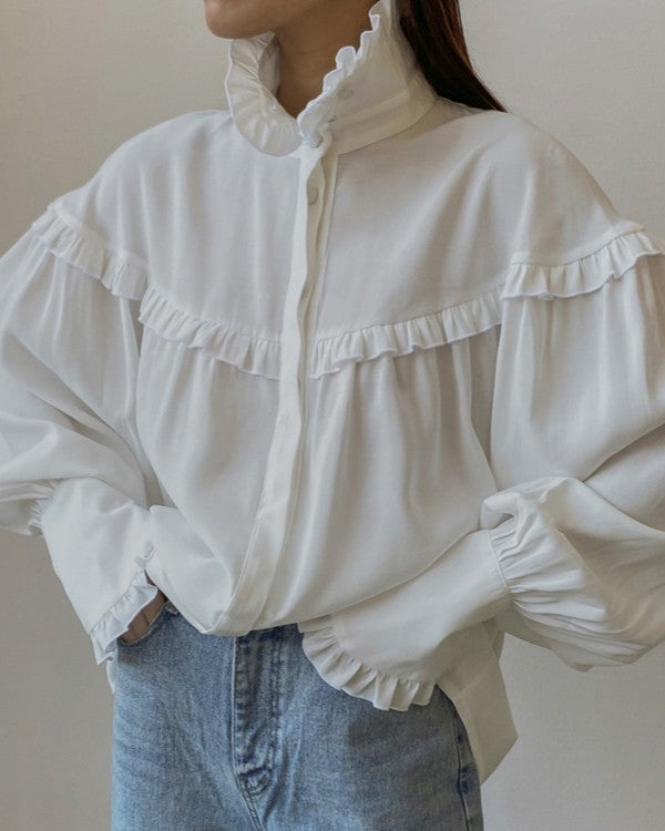 Frilled Neck Drop Shoulder Viscose Shirt - White - 4