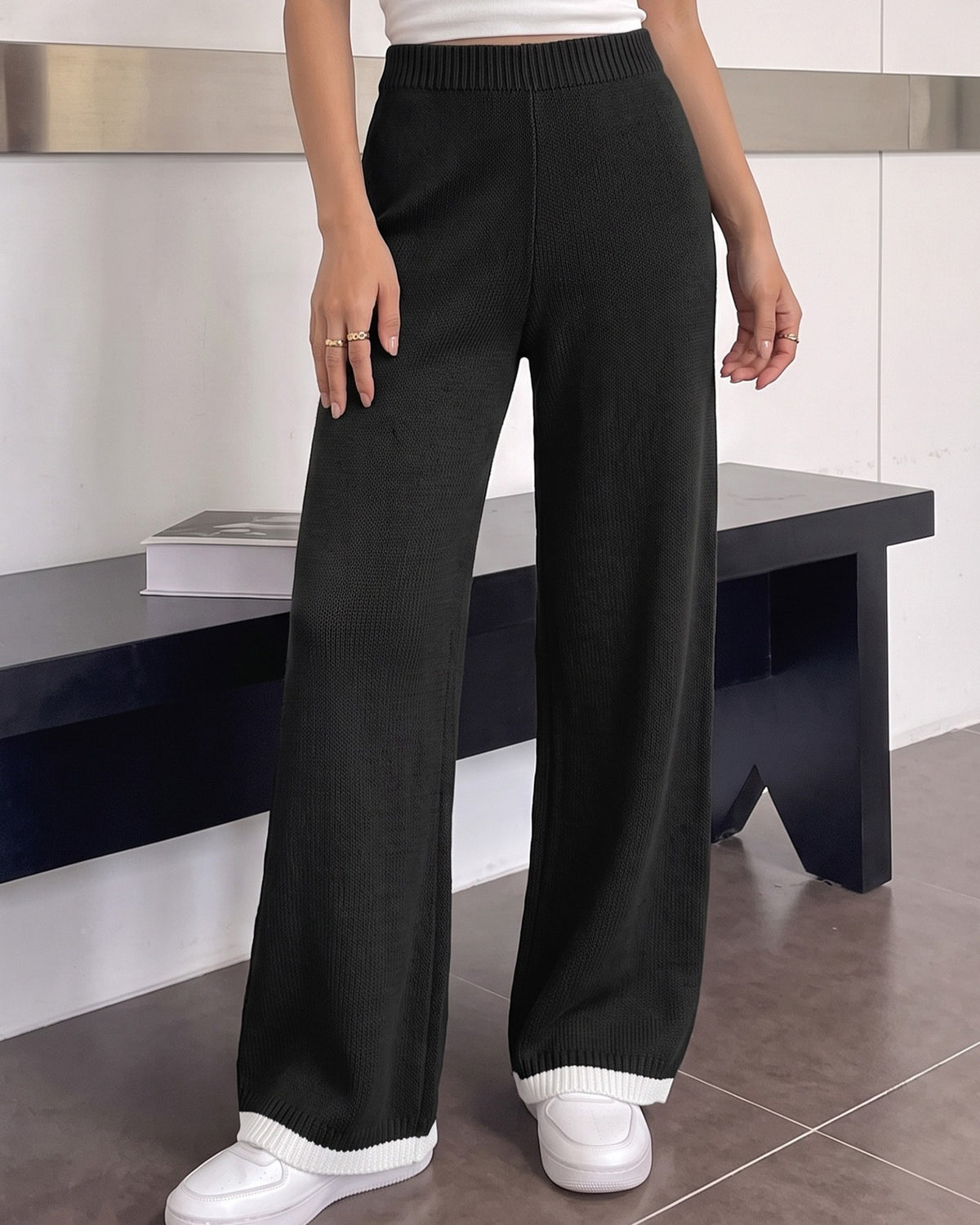 High Waist Wide Leg Ribbed Knit Pants - Black
