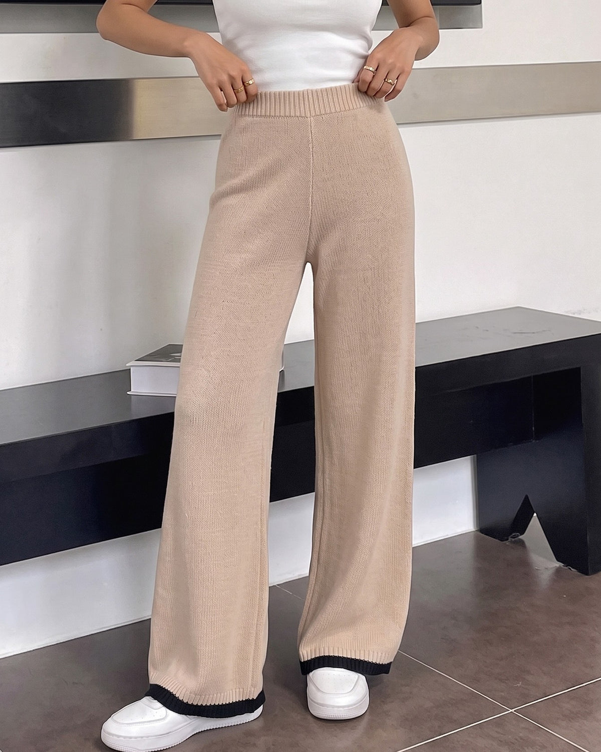 High Waist Wide Leg Ribbed Knit Pants - Khaki