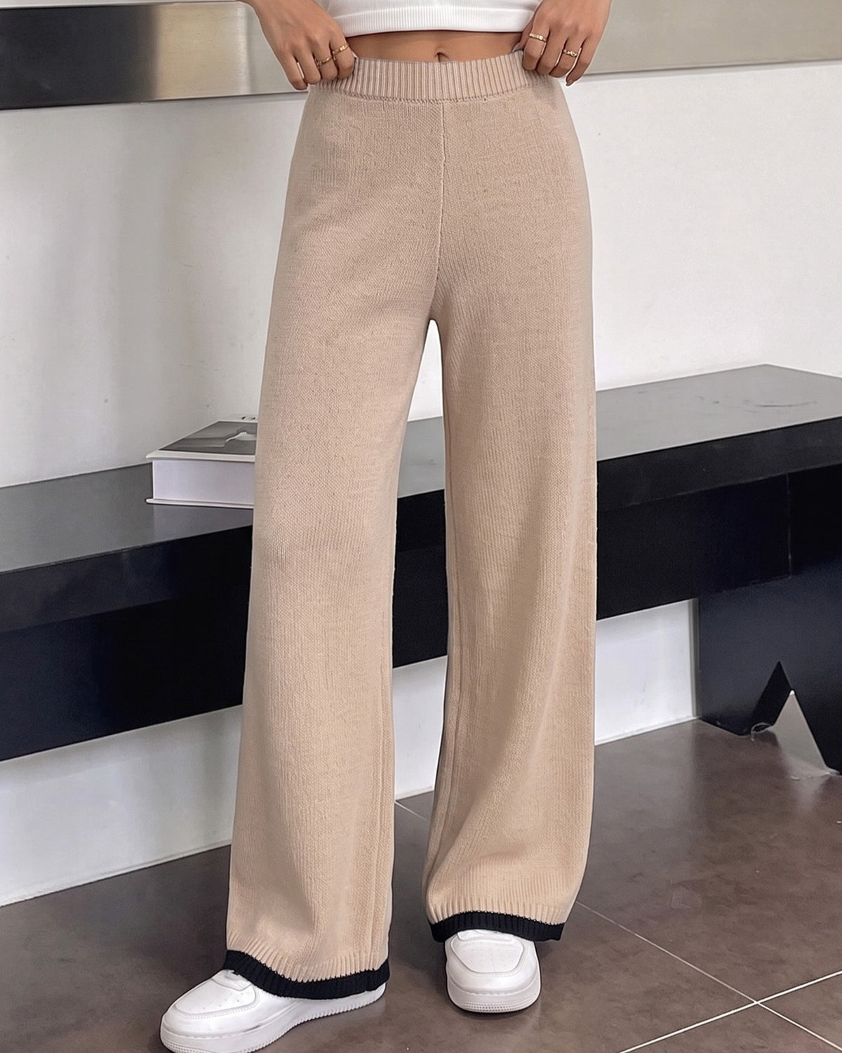 High Waist Wide Leg Ribbed Knit Pants - Khaki - 1