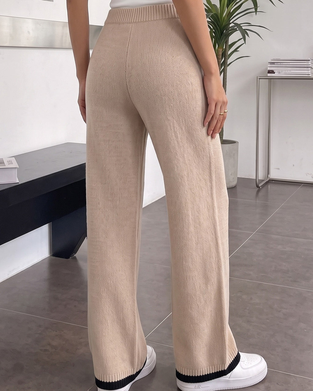 High Waist Wide Leg Ribbed Knit Pants - Khaki - 2