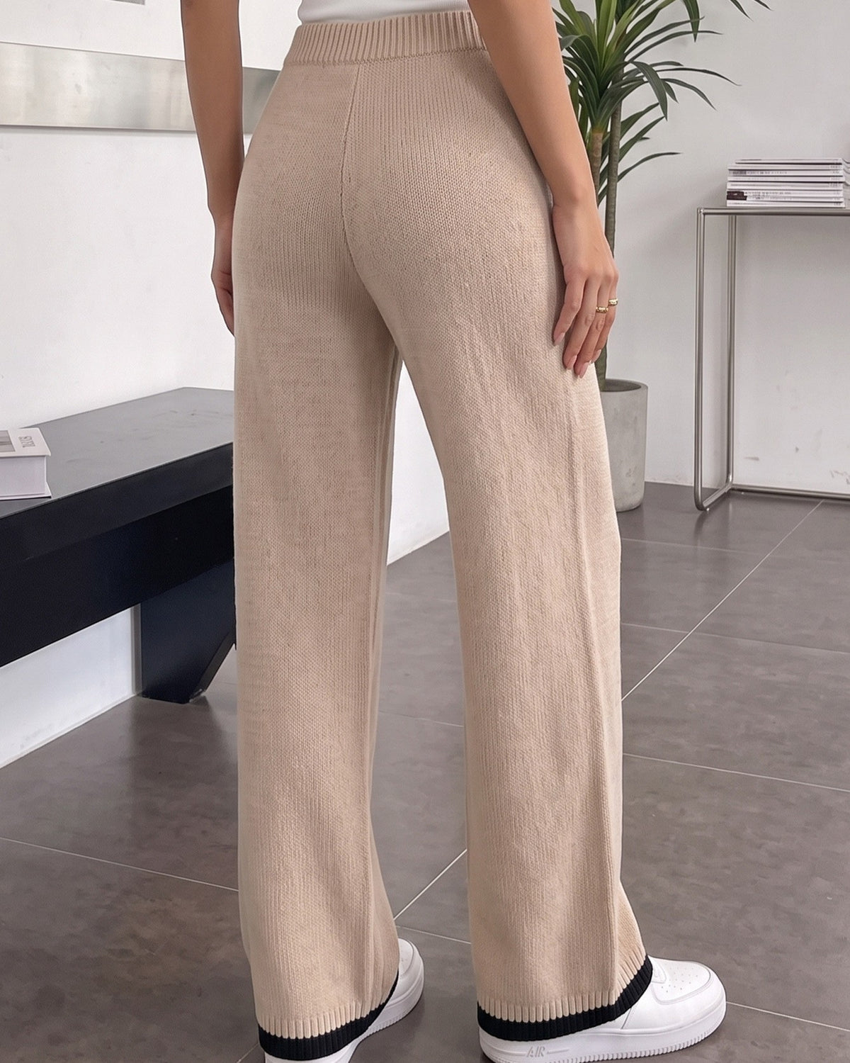 High Waist Wide Leg Ribbed Knit Pants - Khaki - 2
