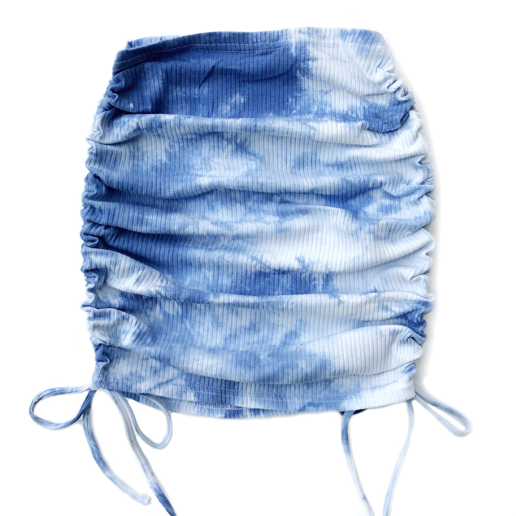 Tie Dye Ruched Drawstring Mini Skirt - Blue - 1