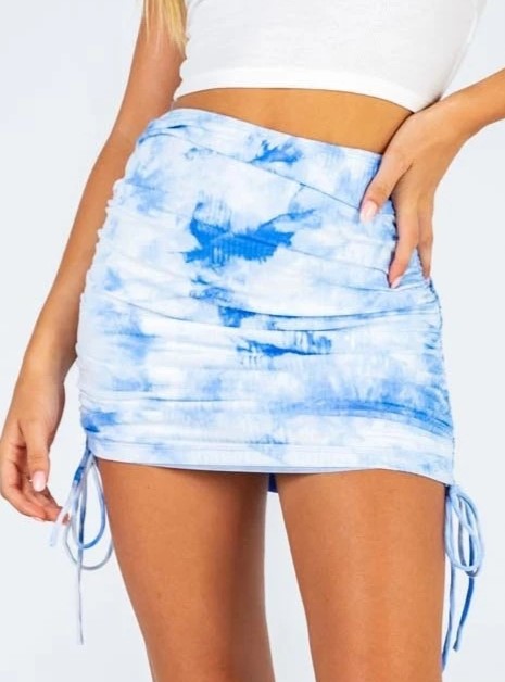 Tie Dye Ruched Drawstring Mini Skirt - Blue - 2