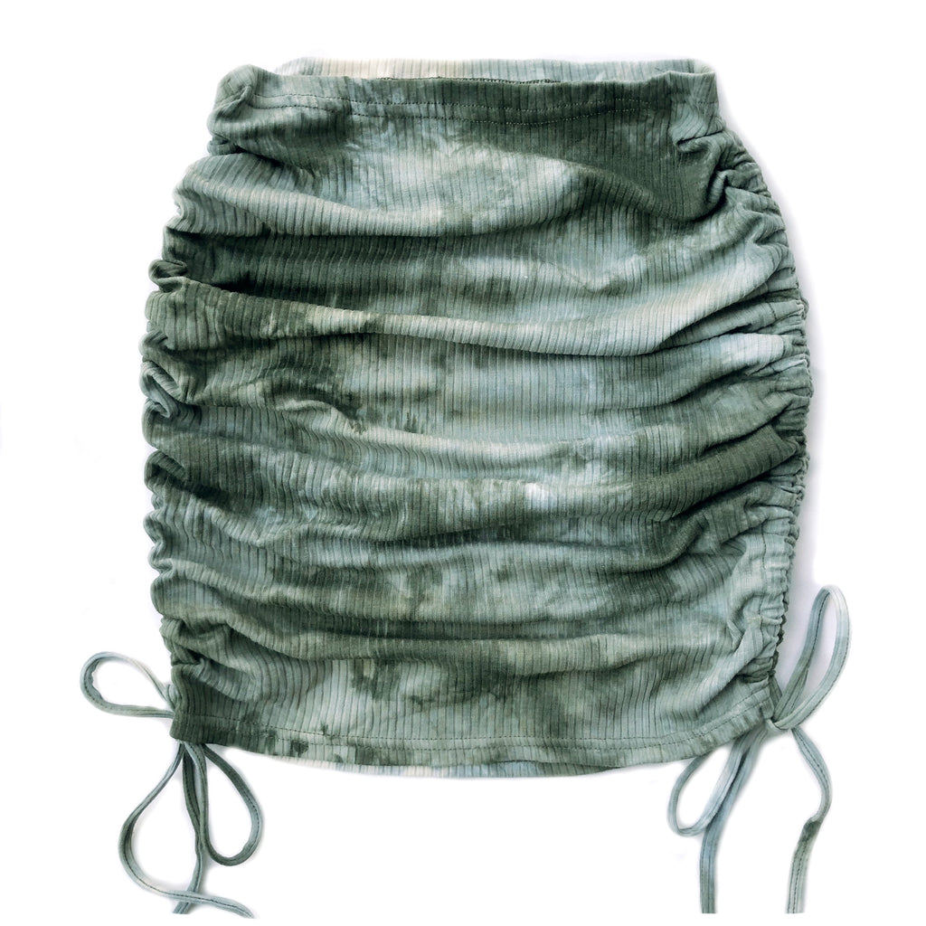 Tie Dye Ruched Drawstring Mini Skirt - Green