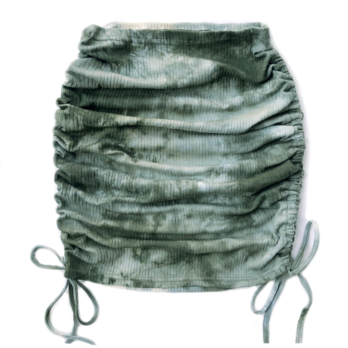 Tie Dye Ruched Drawstring Mini Skirt - Green