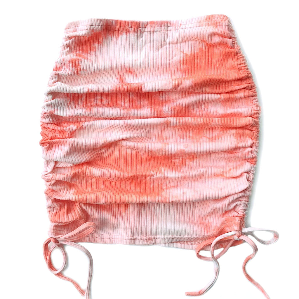 Tie Dye Ruched Drawstring Mini Skirt - Pink