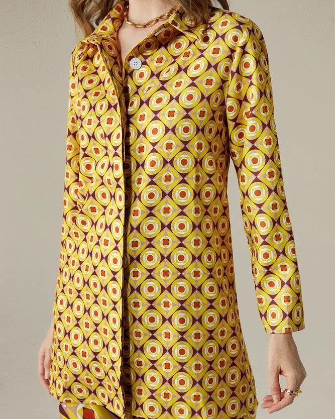 Retro Geo Print Shirt And Pants Set - Yellow - 1