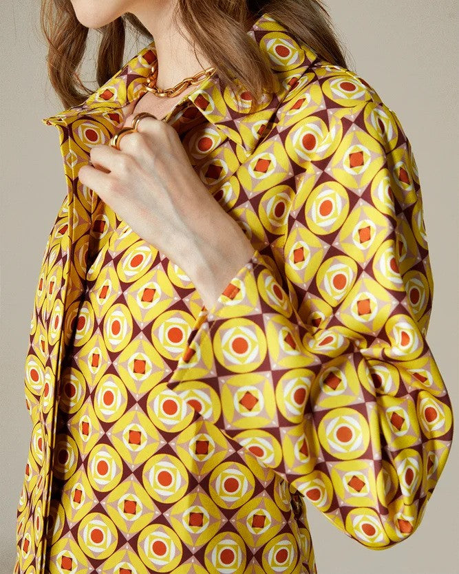 Retro Geo Print Shirt And Pants Set - Yellow - 2