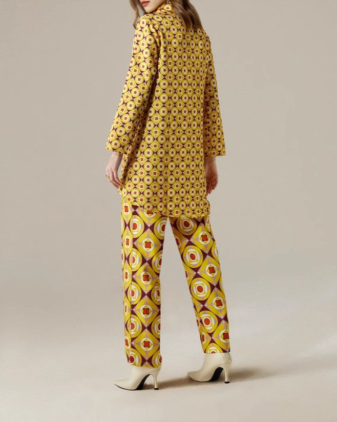 Retro Geo Print Shirt And Pants Set - Yellow - 3