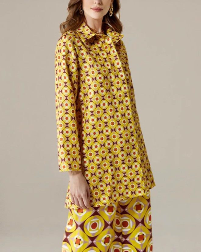 Retro Geo Print Shirt And Pants Set - Yellow - 4