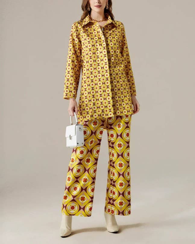 Retro Geo Print Shirt And Pants Set