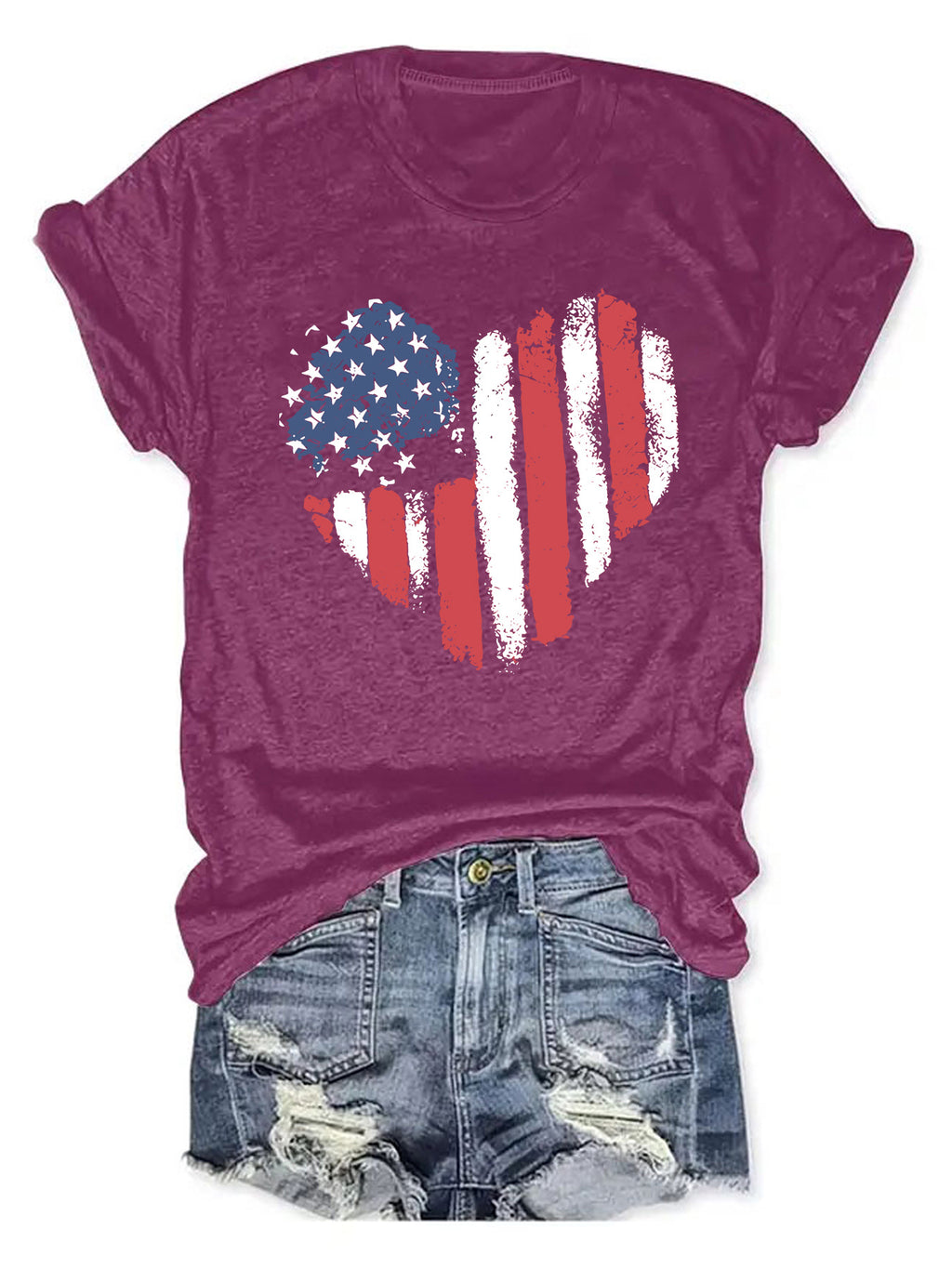 Distressed Flag Heart Graphic Tee - Berry