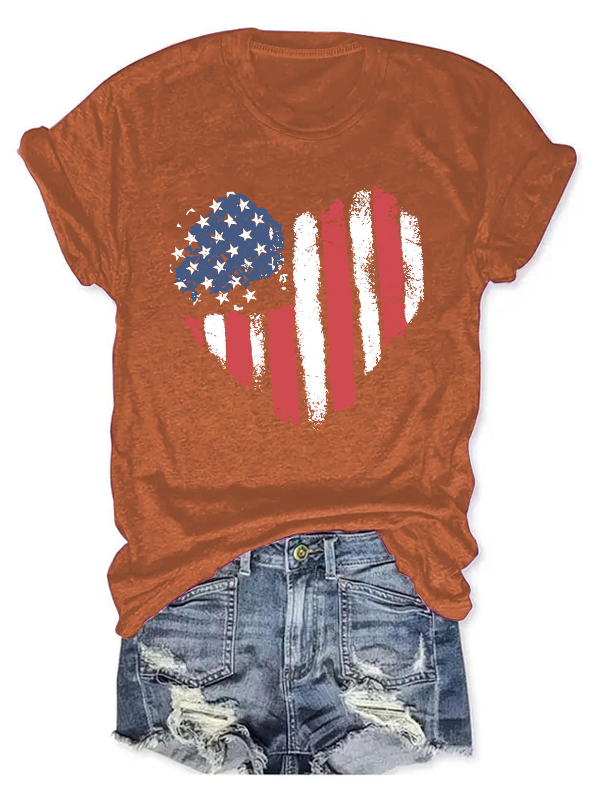 Distressed Flag Heart Graphic Tee - Rust