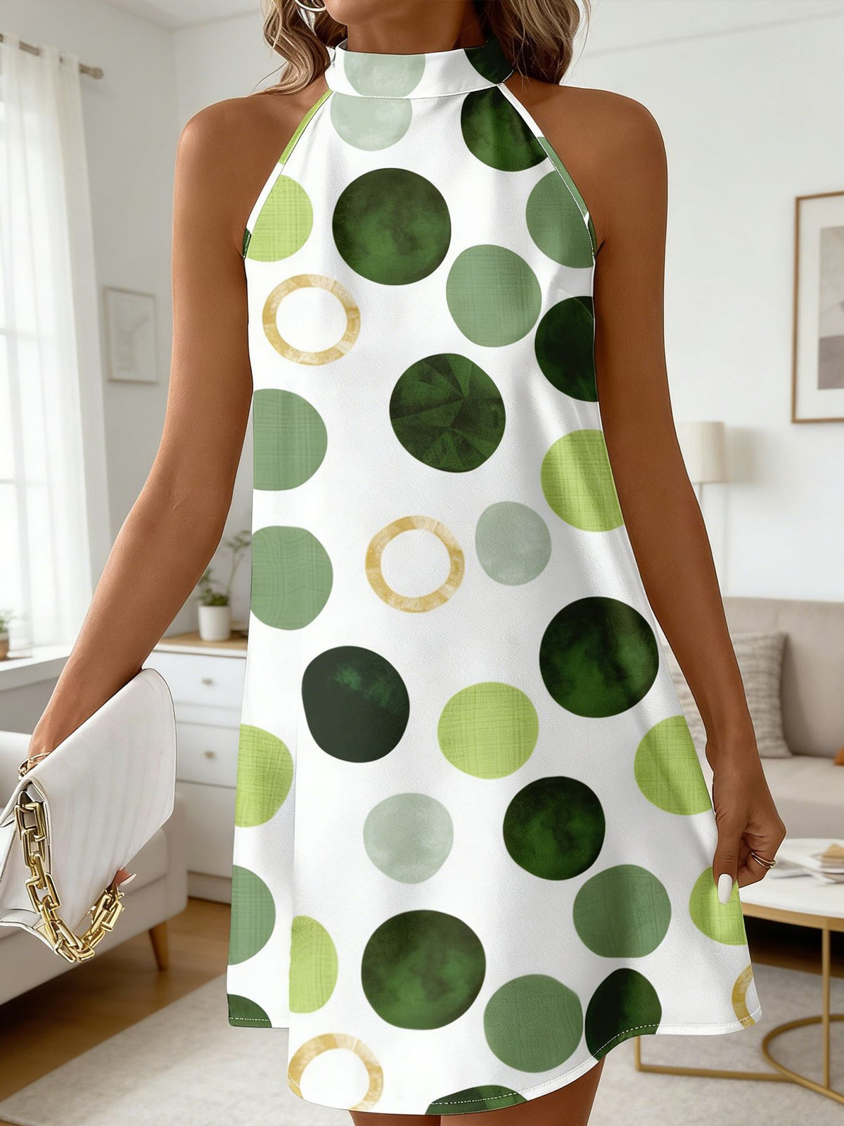 Painted Dot Print Halter Mini Dress - Green - 1