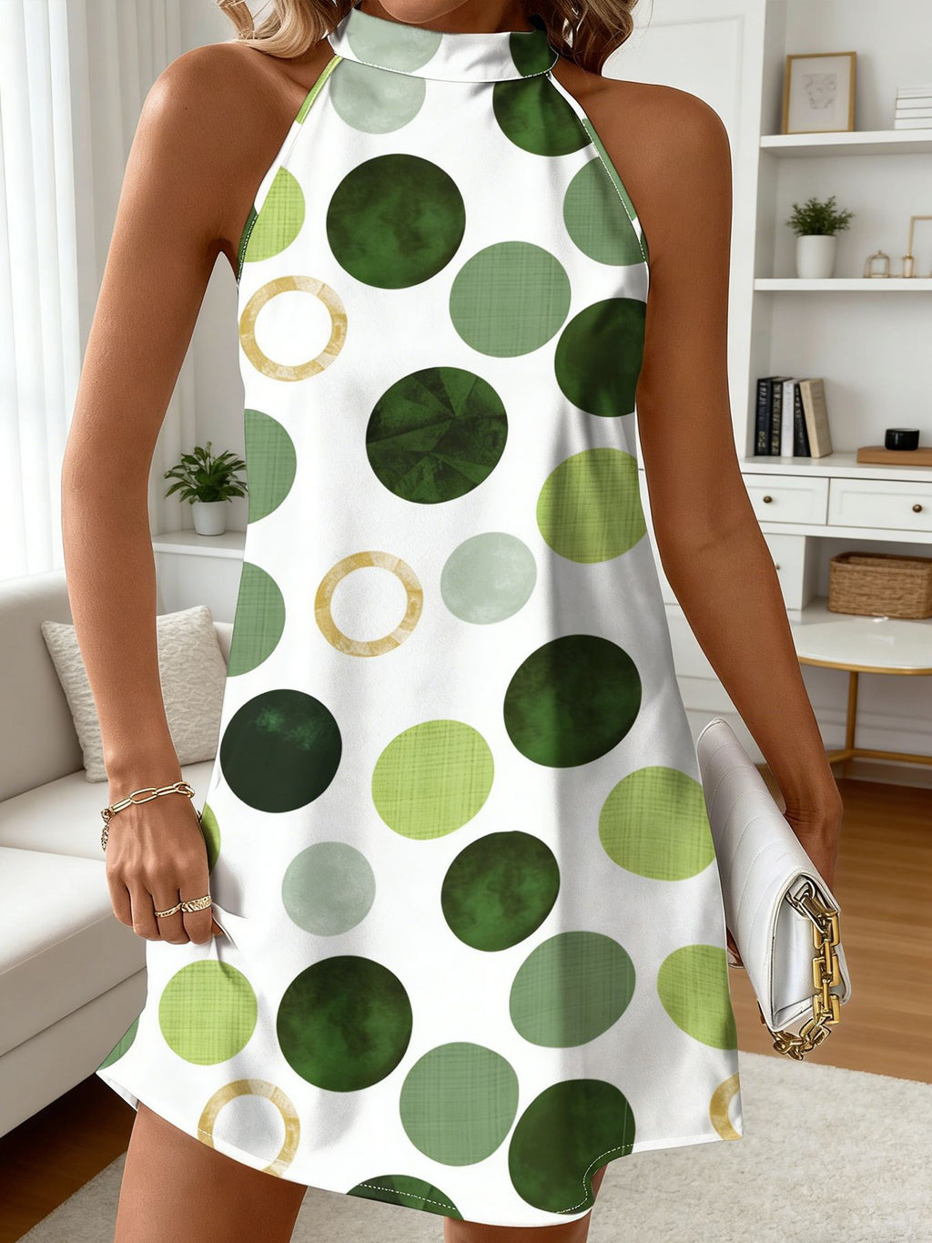Painted Dot Print Halter Mini Dress - Green - 2