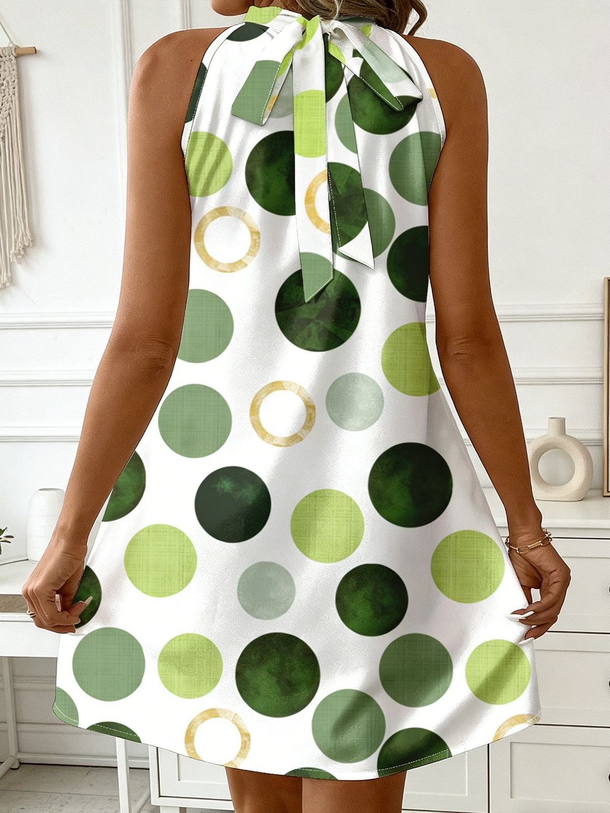 Painted Dot Print Halter Mini Dress - Green - 3
