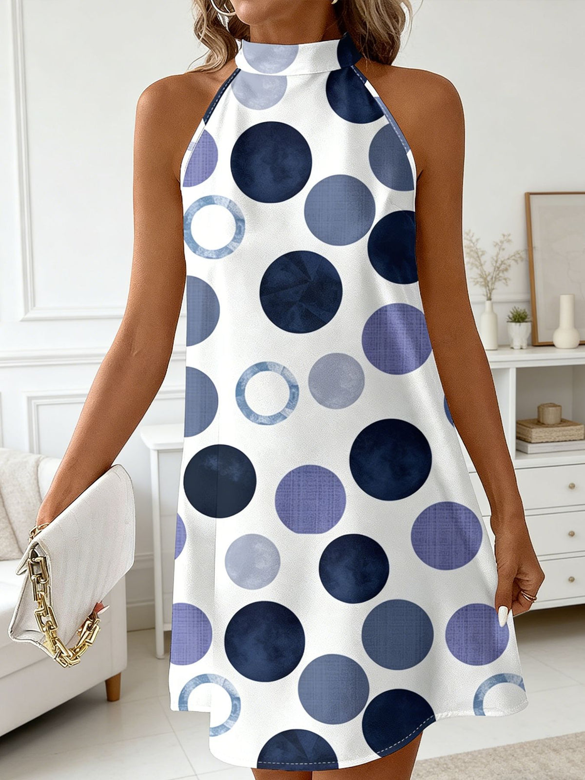 Painted Dot Print Halter Mini Dress - Purple