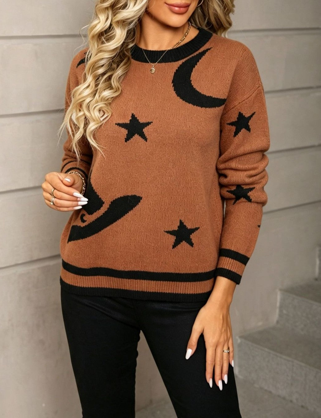 Witch Hat Moon and Stars Halloween Crew Sweater - Camel