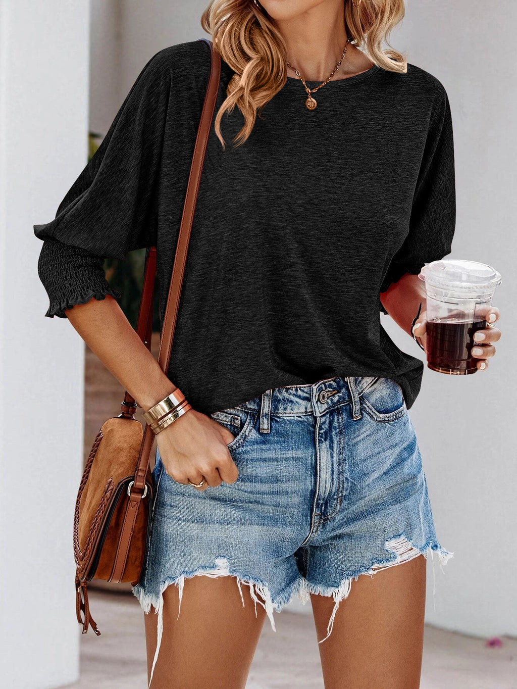 Ruffle Cuff Three Quarter Sleeve Top - Black - 1