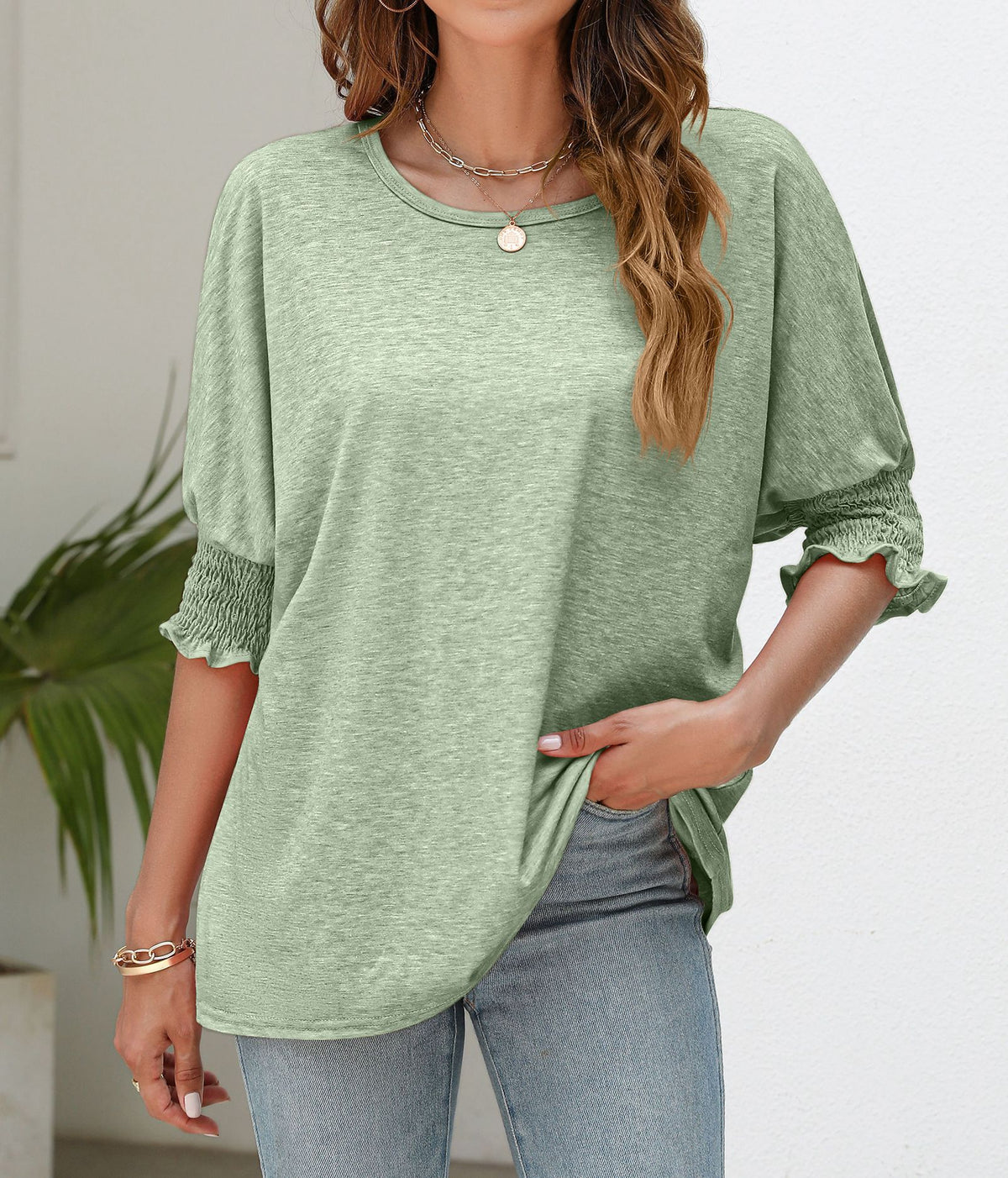 Ruffle Cuff Three Quarter Sleeve Top - Green - 1