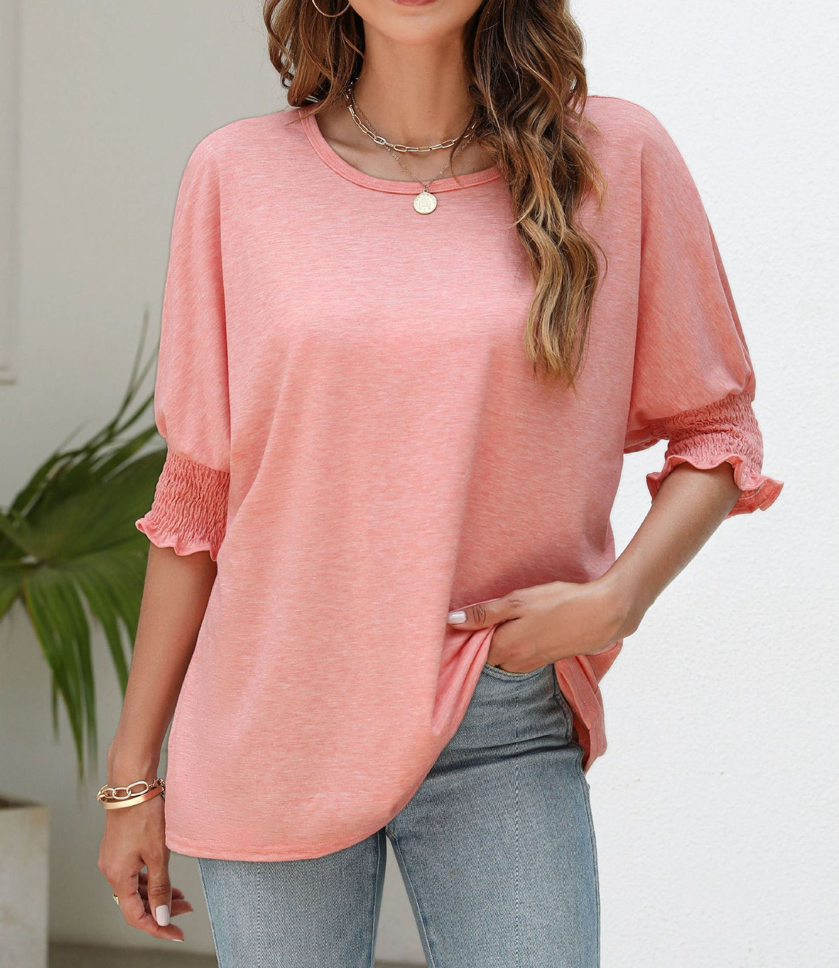 Ruffle Cuff Three Quarter Sleeve Top - Pink