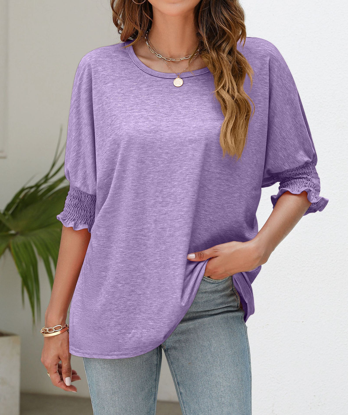 Ruffle Cuff Three Quarter Sleeve Top - Purple - 1