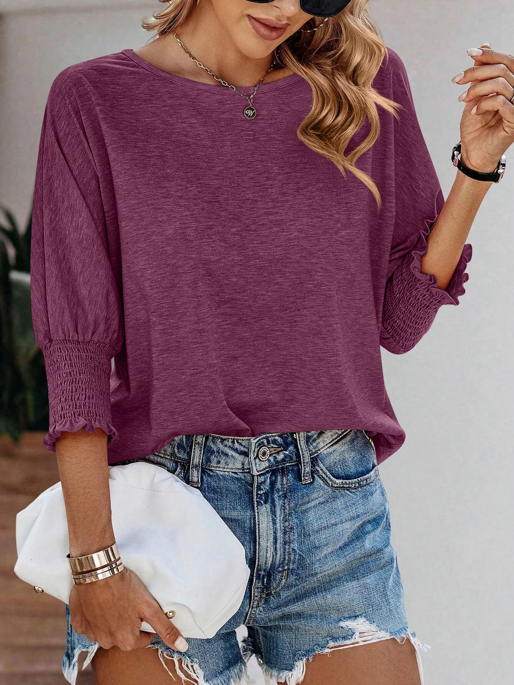 Ruffle Cuff Three Quarter Sleeve Top - PurplishRed