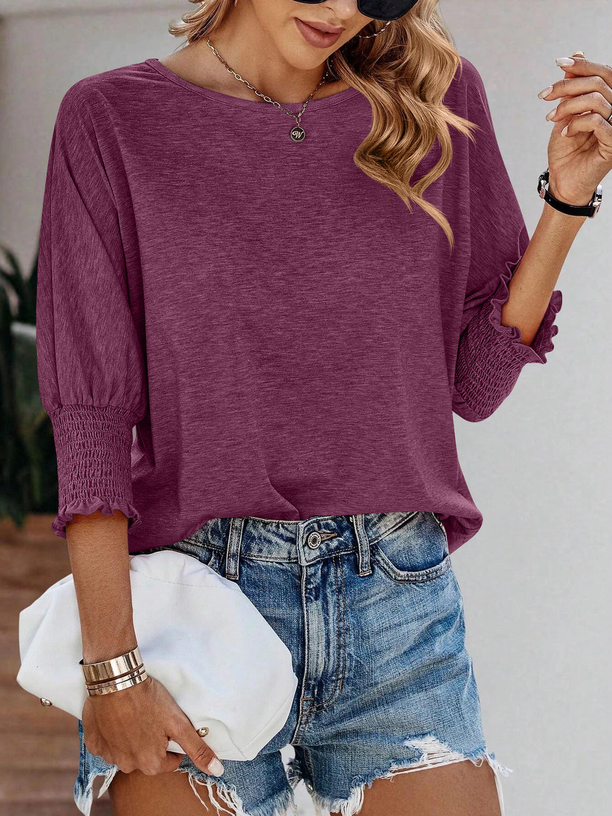 Ruffle Cuff Three Quarter Sleeve Top - PurplishRed