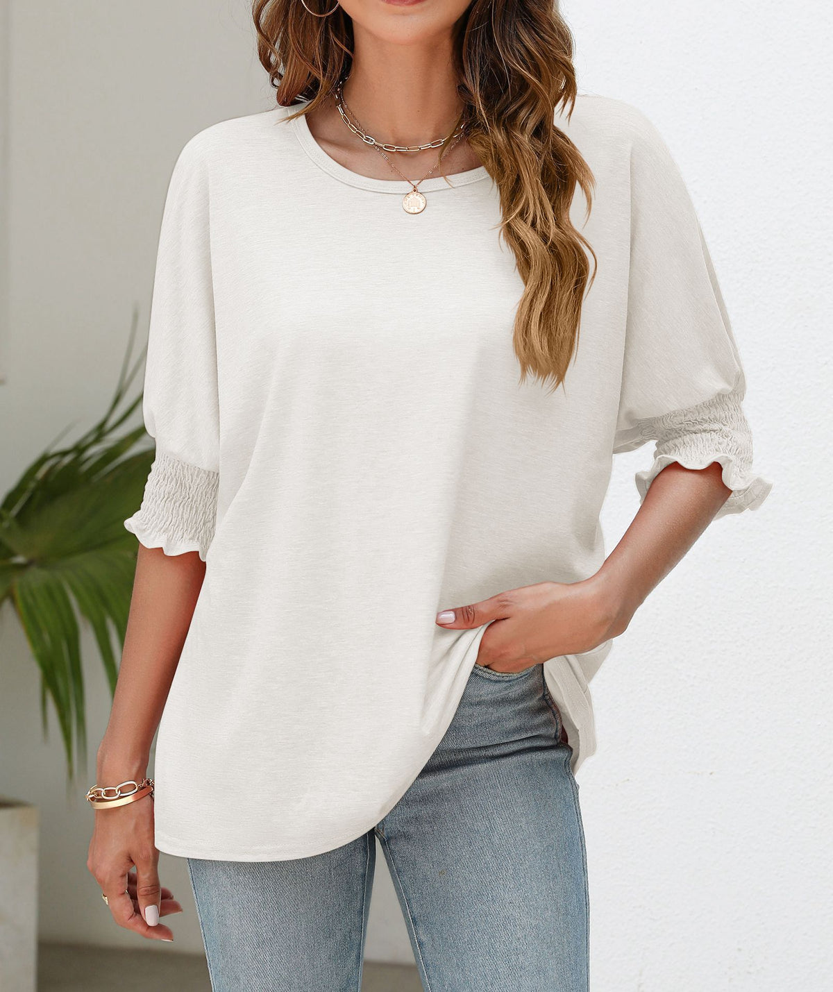 Ruffle Cuff Three Quarter Sleeve Top - White