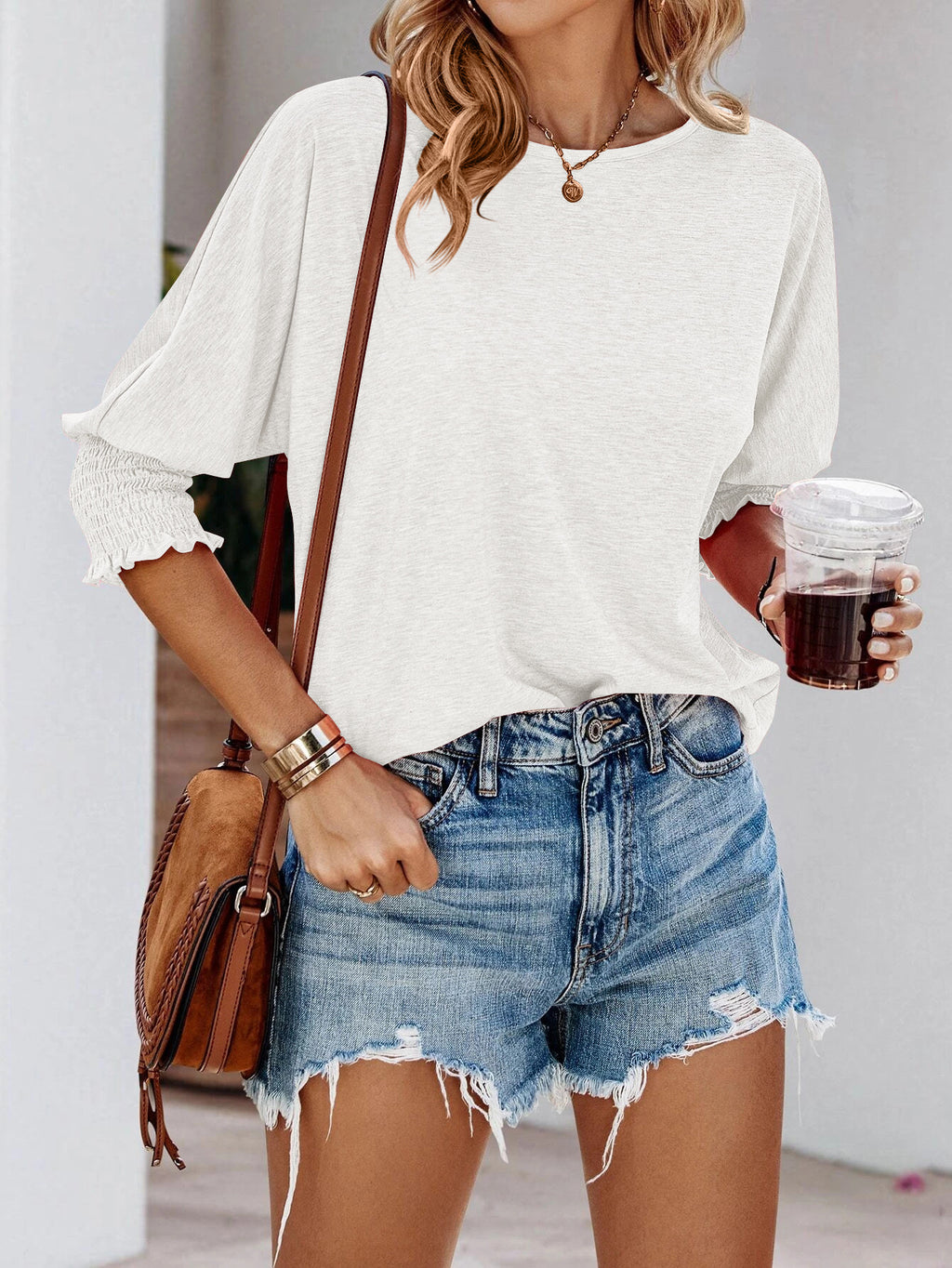 Ruffle Cuff Three Quarter Sleeve Top - White - 1