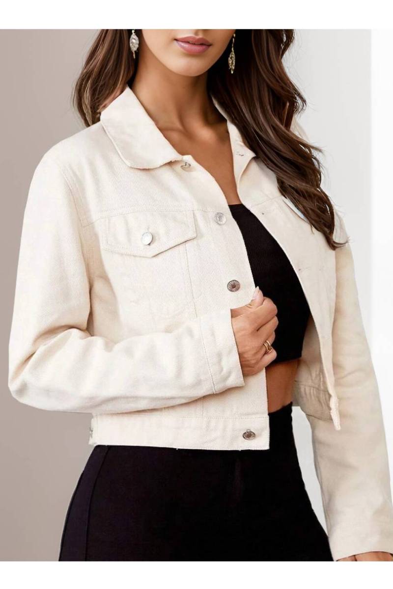 Snap Button Flap Pocket Cropped Denim Jacket - Apricot - 1