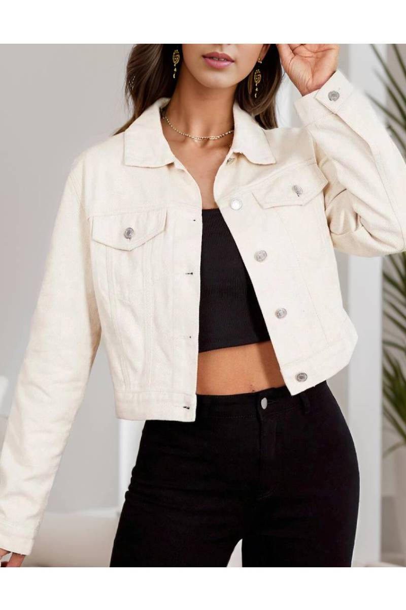 Snap Button Flap Pocket Cropped Denim Jacket - Apricot - 2