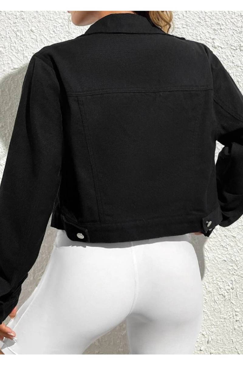 Snap Button Flap Pocket Cropped Denim Jacket - Black - 2
