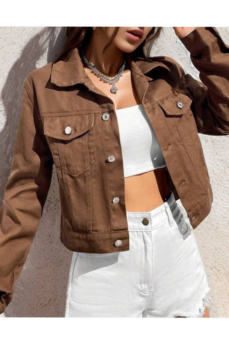 Snap Button Flap Pocket Cropped Denim Jacket - Brown - 1