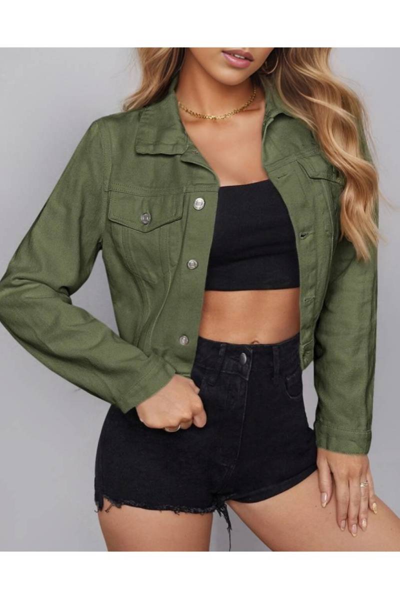Snap Button Flap Pocket Cropped Denim Jacket - Green