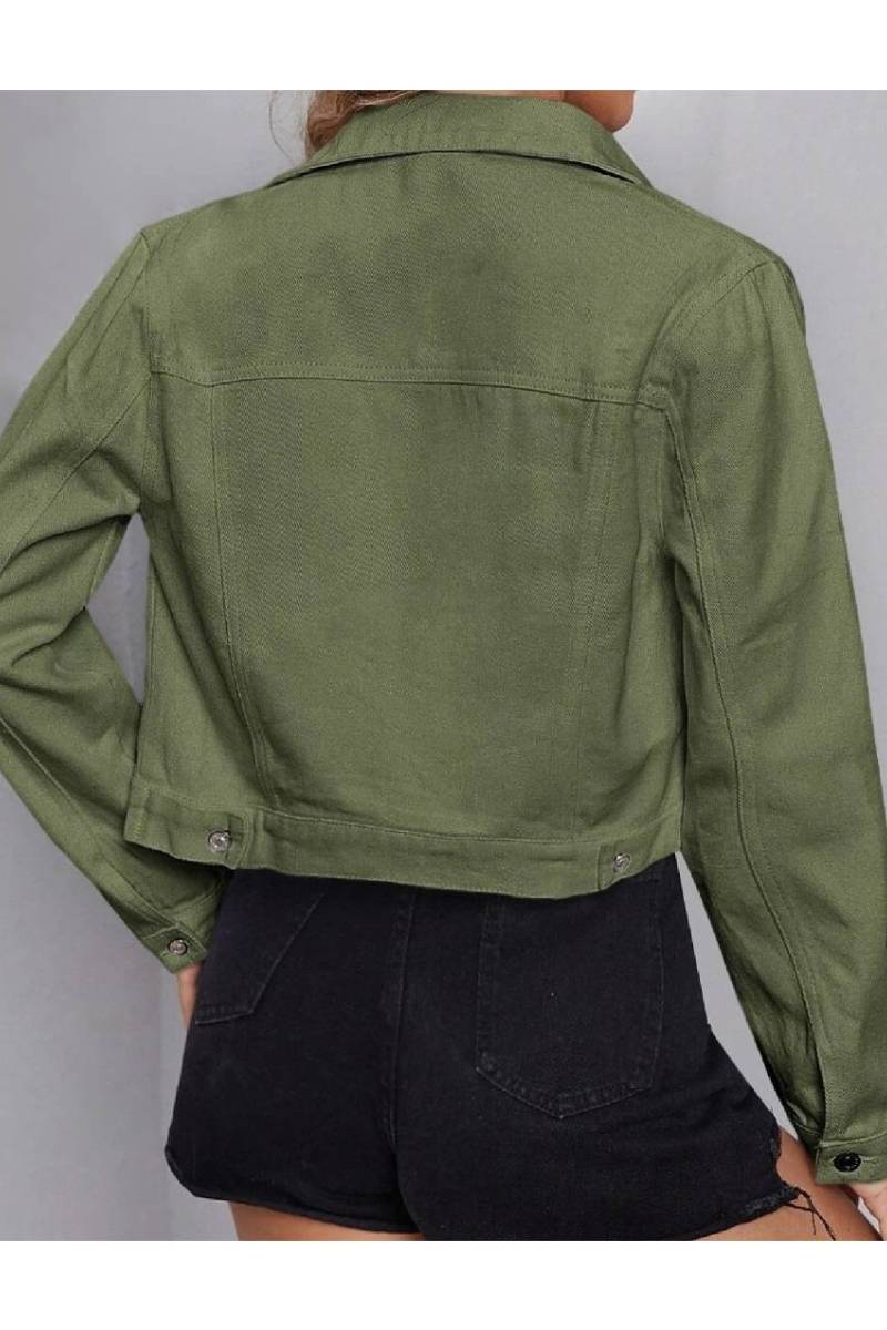 Snap Button Flap Pocket Cropped Denim Jacket - Green - 1
