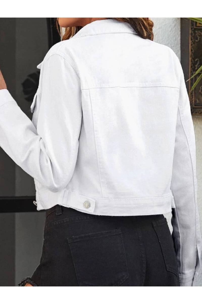 Snap Button Flap Pocket Cropped Denim Jacket - White - 2