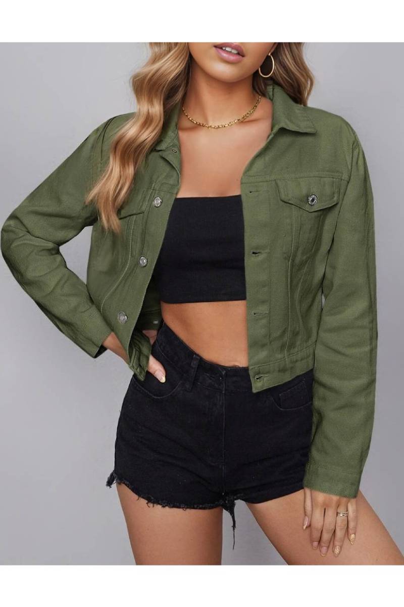 Snap Button Flap Pocket Cropped Denim Jacket