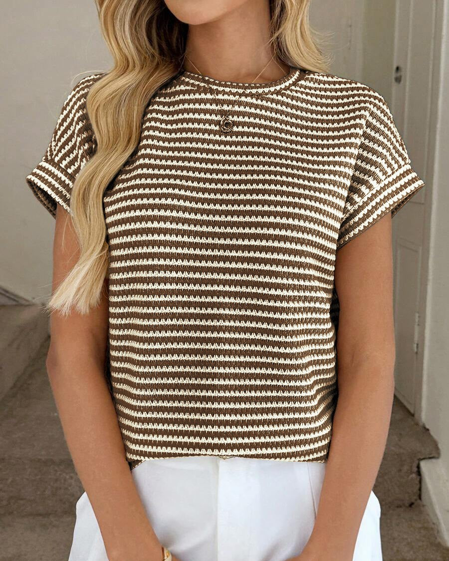 Textured Stripe Knit Short Sleeve T Shirt - Coffee