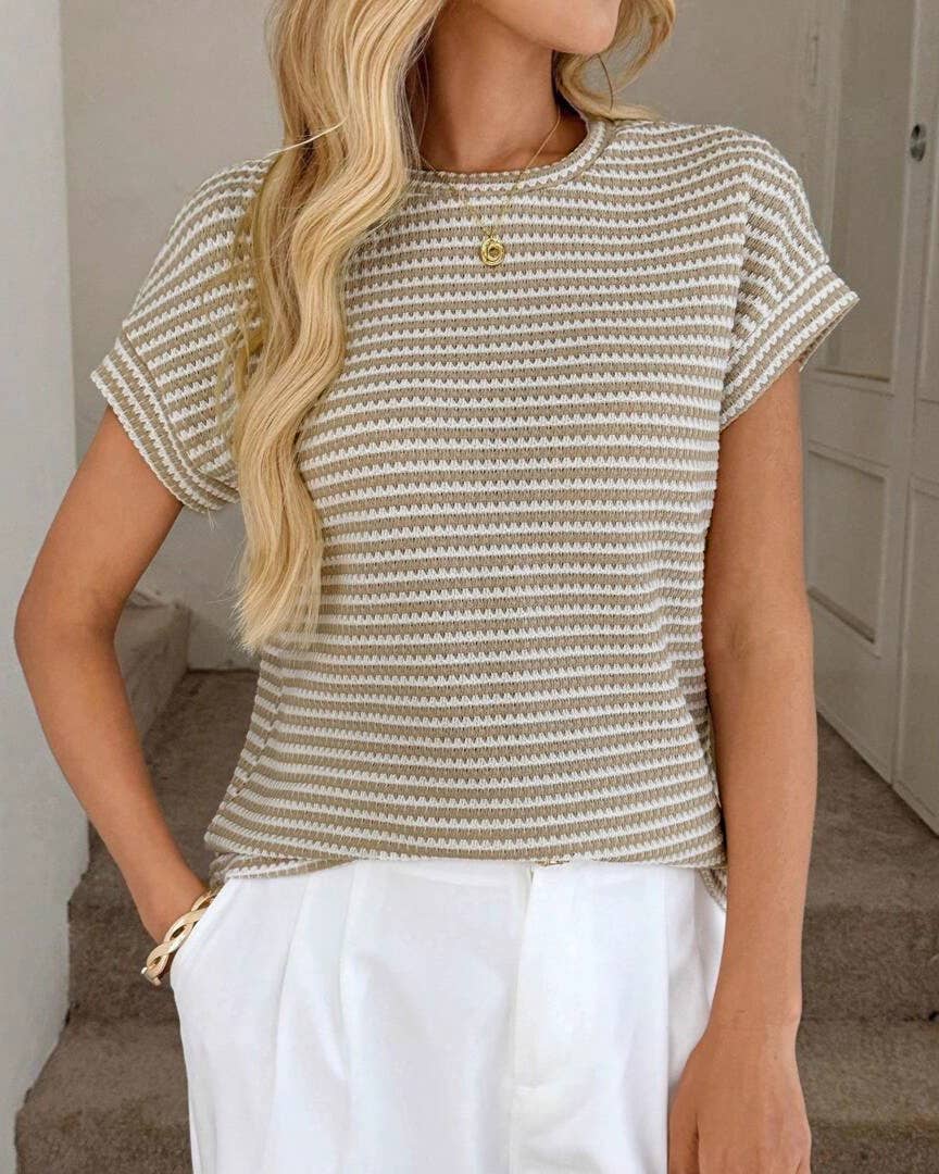 Textured Stripe Knit Short Sleeve T Shirt