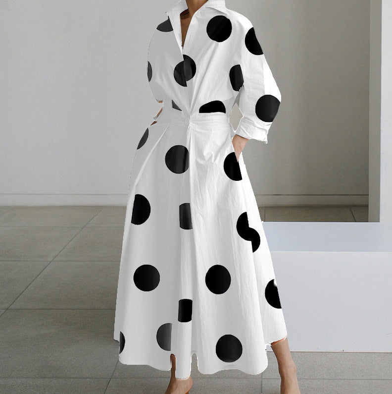 Printed Wrap Front Long Sleeve Maxi Dress - Dot_White