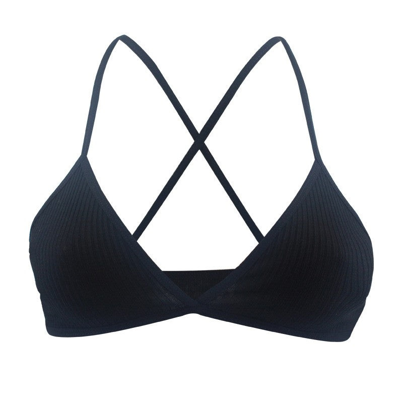 Ribbed Cotton Criss Cross Back Triangle Bralette - Black