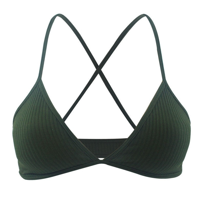 Ribbed Cotton Criss Cross Back Triangle Bralette - Olive Green