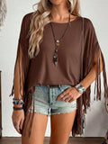 Boho Fringe Sleeve Batwing Tee - Coffee