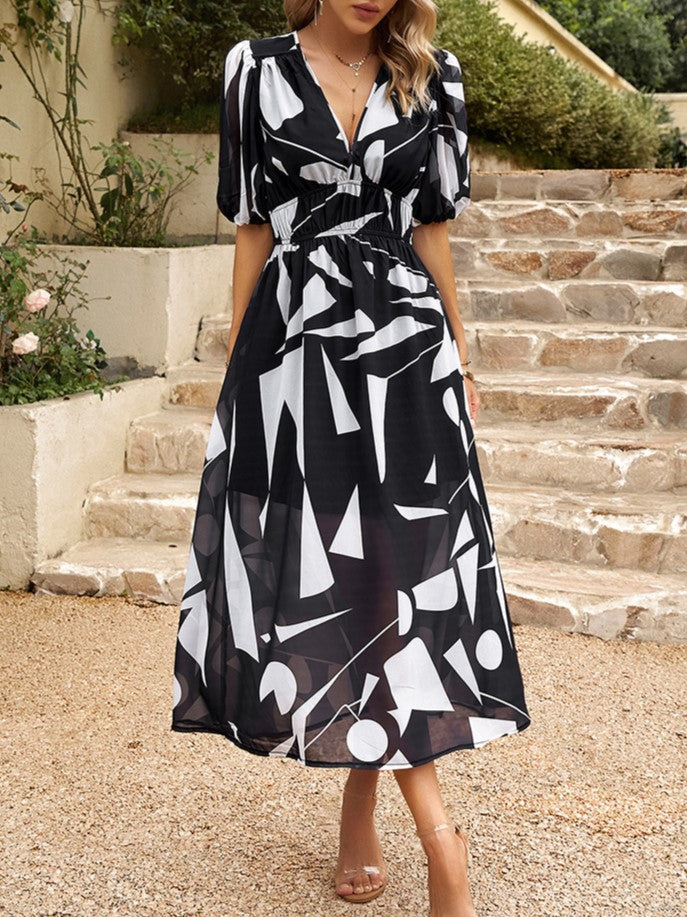 Watercolor Print Puff Sleeve Maxi Dress - Black