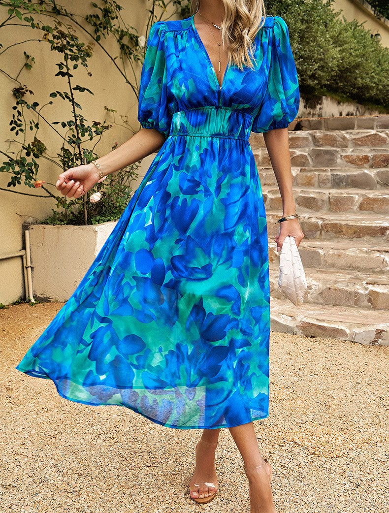Watercolor Print Puff Sleeve Maxi Dress - Blue - 2