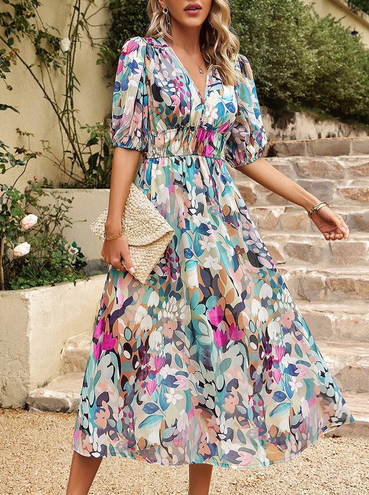 Watercolor Print Puff Sleeve Maxi Dress - Green - 1