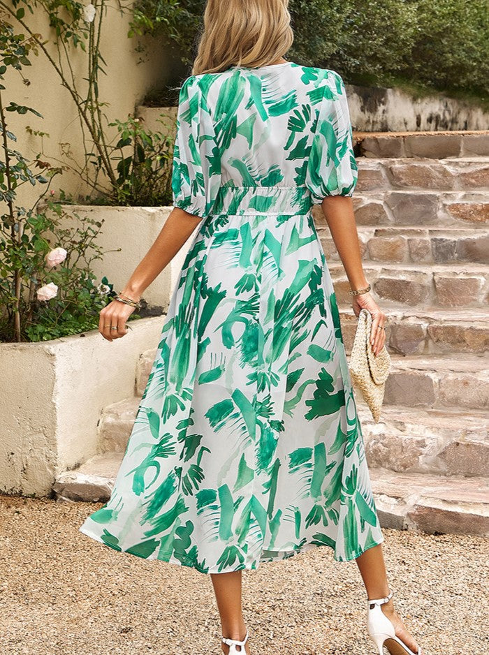 Watercolor Print Puff Sleeve Maxi Dress - LightGreen - 2
