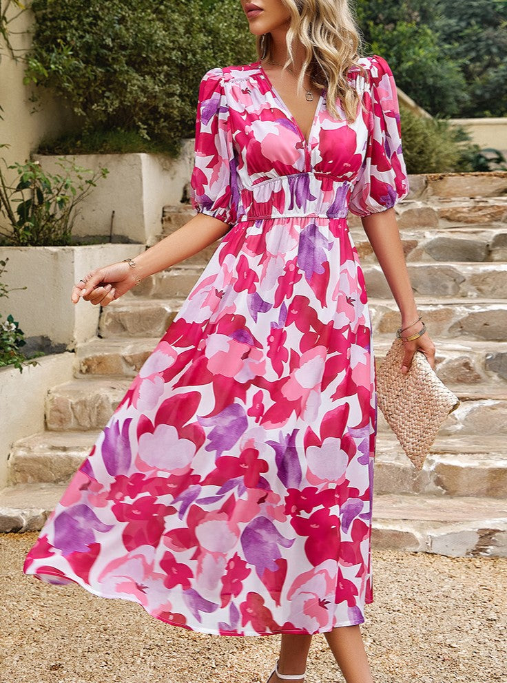 Watercolor Print Puff Sleeve Maxi Dress